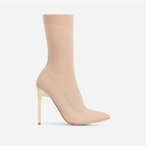 Ego Pointed Toe Metallic Heel Ankle Sock Boot In Nude Sheer Size UK 6 US 8